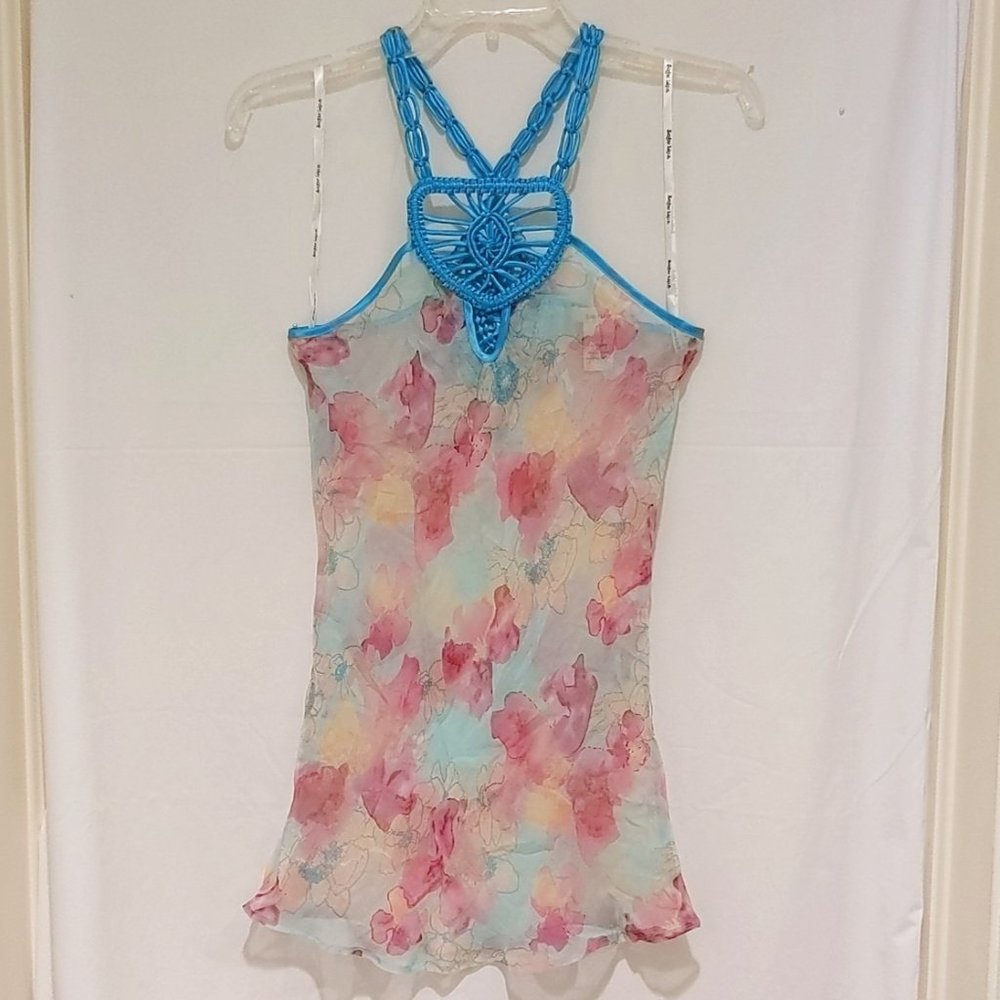 Sugar Lips Pastel Floral Tank Top Style with Blue braided straps. Size Small